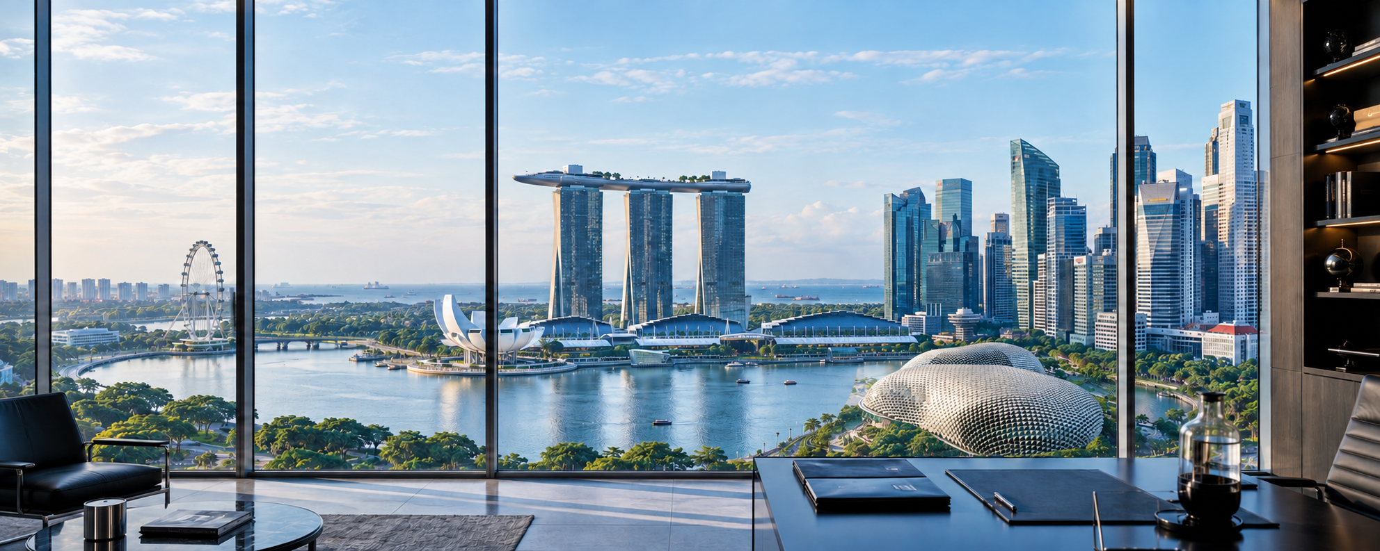 Peter Chow office view, Singapore skyline
